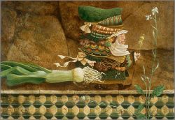 James C. Christensen - Man Taking a Leek on a Tiled Wall for a Walk